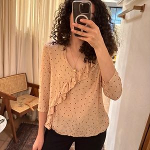 Sezane Pink Silk Polka Dot Ruffle 3/4 sleeve blouse top 42